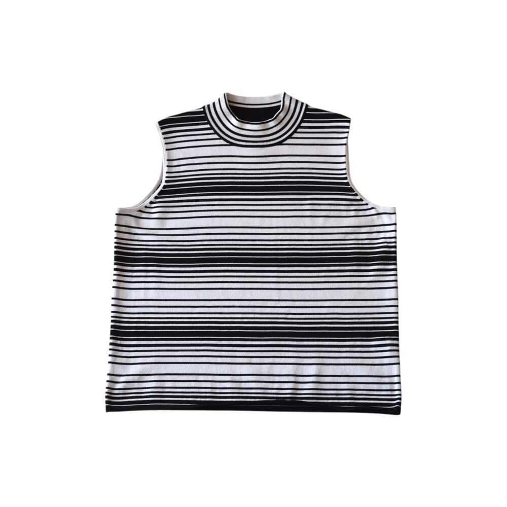 Y2K Plus Size Black White Striped Mock Neck Knit Tank Top 1x